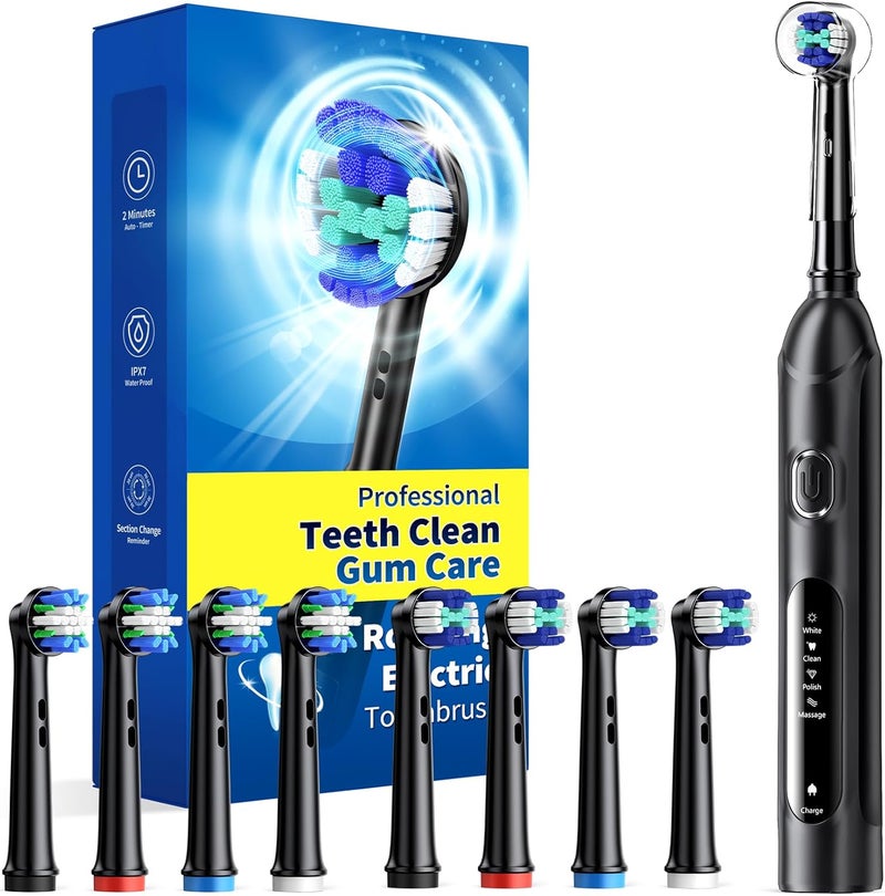 TEETHEORY Rotating Electric Toothbrush for Adults with 8 Brush Heads (2 Types), 4 Modes Deep Clean Electric Toothbrush with Rechargeable Power and 2 Min Smart Timer (1- Black, p1) - Image 1